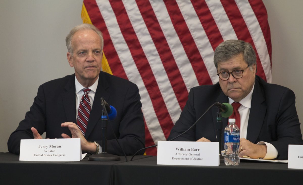 Sen. Jerry Moran and U.S. Attorney General give their opening remarks during a law enforcement roundtable at Wichita State on Oct. 2. The press was not allowed to ask any questions of Barr following their opening remarks and before the roundtable began.