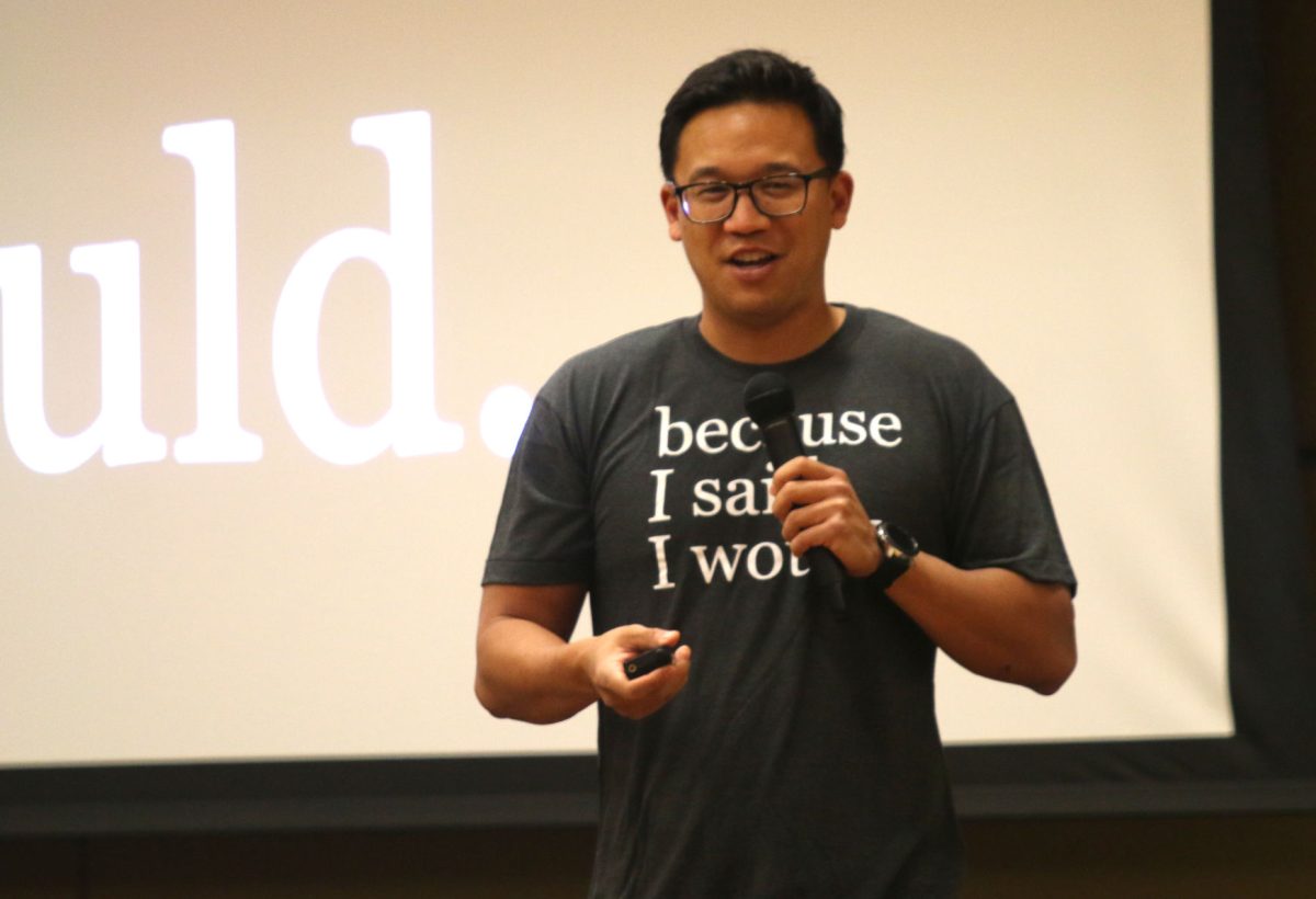 Alex Sheen, the founder of&#160;&#8220;Because I Said I Would&#8221;, speaks with students about the importance of promises on Sept. 26. Sheen said he hoped students would take away that talk is cheap, self-control matters, and promises matter.&#160;