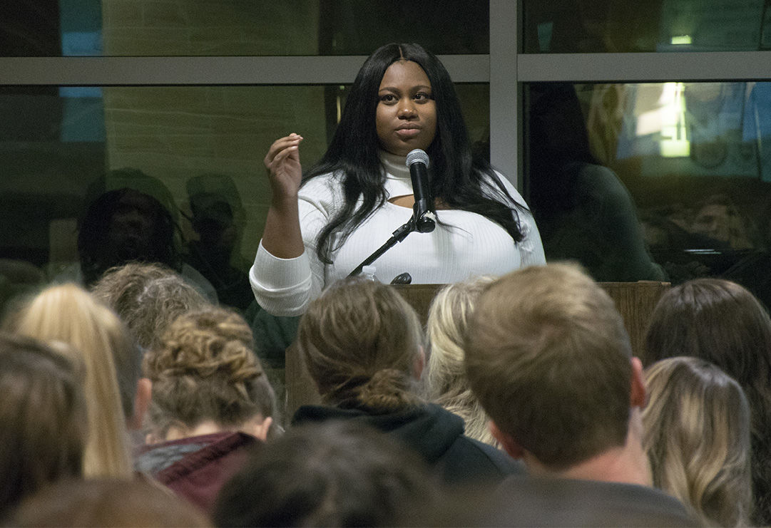 Mary-Pat Hector gives a speech about fighting the food insecurity on Nov. 7 in Skyline room. Hector has been fighting food insecurity for 3 years.&#160;
