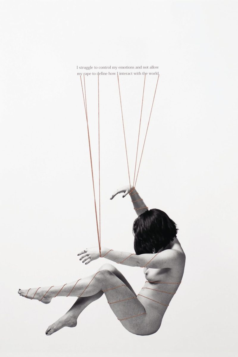 A piece of Nicole Gomric&#8217;s investigative series: &#8220;The Person I am Because of
You. The photo depicts a physical representation of how the survivor&#8217;s rape
made them feel. Some of these models are standing in for people who did
not feel comfortable modeling but did want their stories heard. &#8220;I struggle
to control my emotions and not allow my rape to define how I interact with
the world.&#8221; | Photo Courtesy of Nicole Gomric