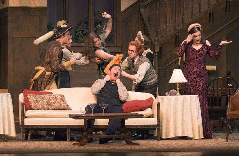 ESU theatre students rehearse a dramatic scene during their dress rehearsal on Feb. 25 in Karl C. Bruder Theatre. &#8220;Death by Design&#8221; is the opening production of the spring season and it will run until Feb. 29.&#160;