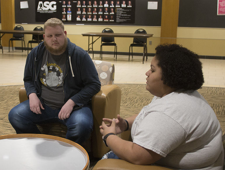 Brayden Soper, sophomore political science major, listens intently to his running mate, Amaya Oshel, junior sociology major, on Feb. 25. Soper and Oshel are the only candidates running for Associated Student Government.&#160;
&#160;