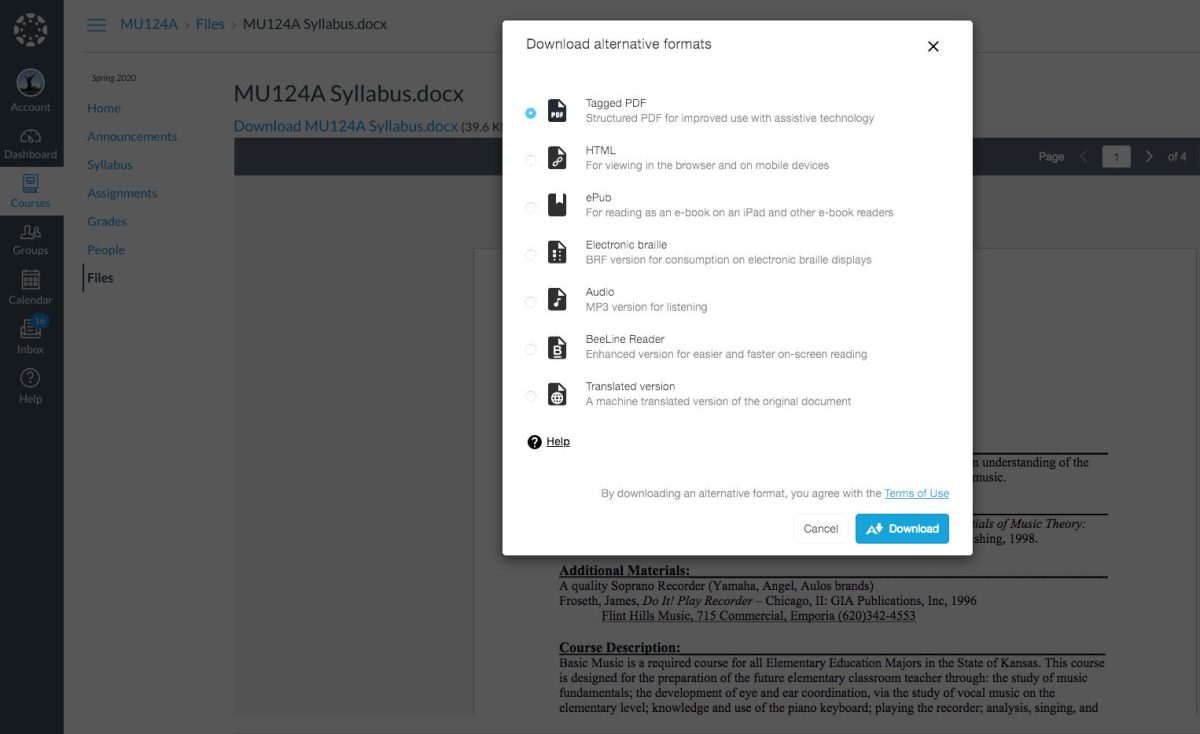 Blackboard Ally is a plug-in to Canvas that provides alternative file formats for students. The program was added in an effort to increase accessibility on campus.