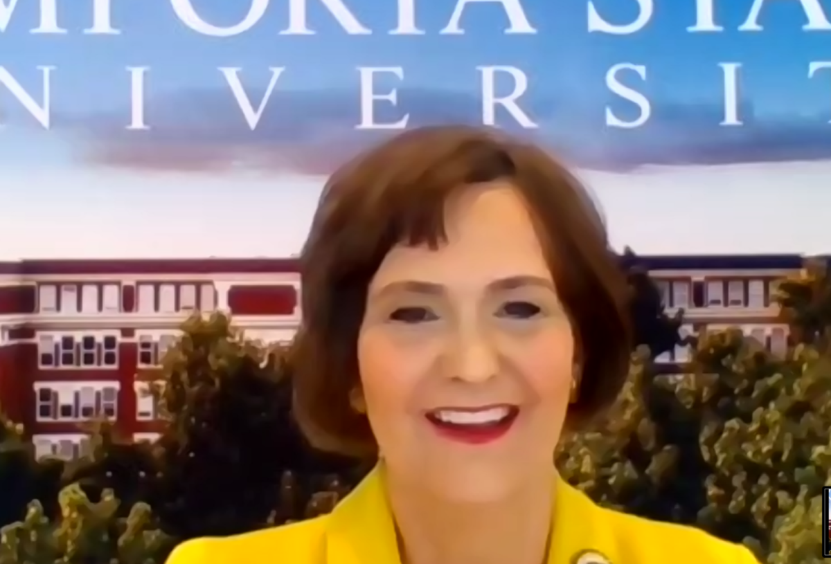 President Allison Garrett talks about the university's plan to reopen this fall during a virtual town hall on Monday, May 4. Questions can still be asked of university officials on the ESU website.