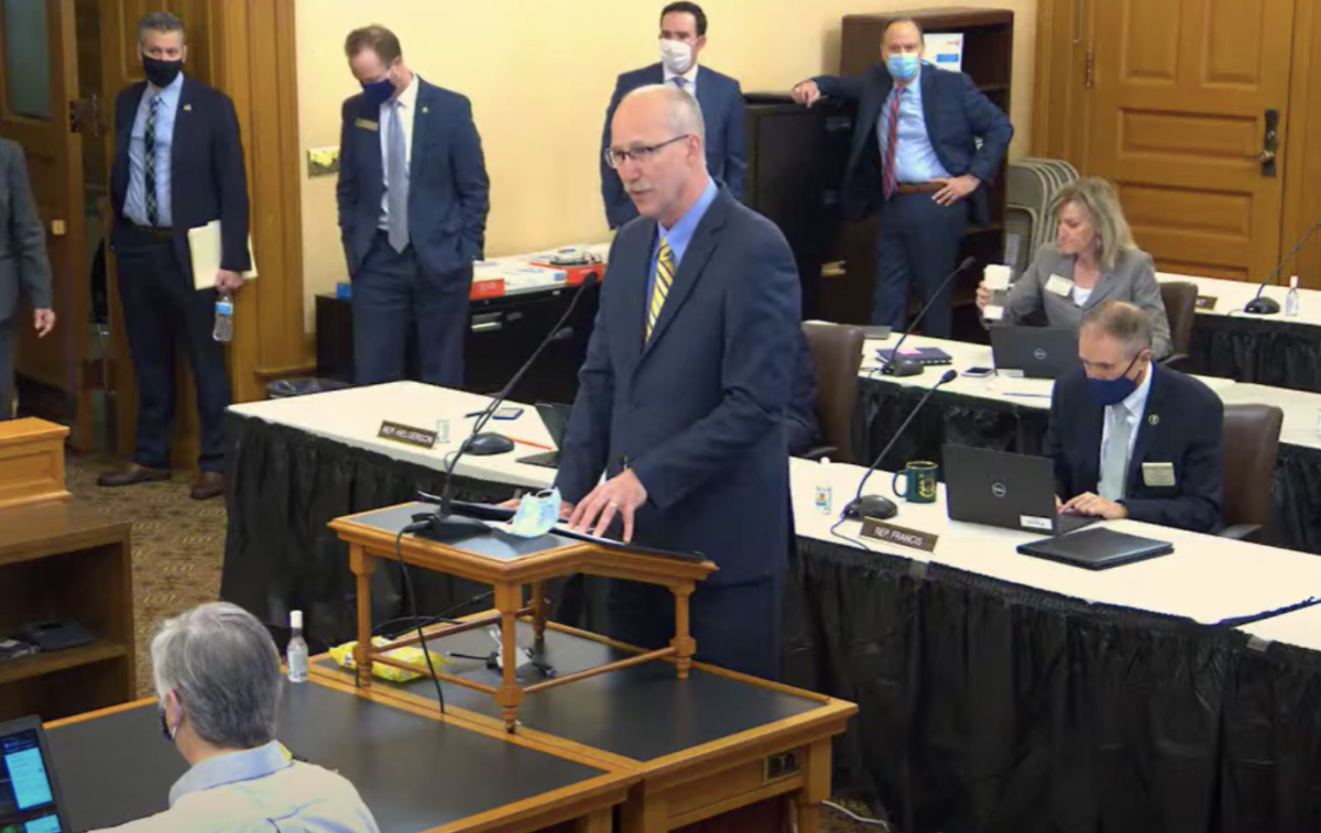 Blake Flanders, president of the Kansas Board of Regents, said a House budget amendment requiring tuition refunds to students for online courses and canceled classes could cost more than $150 million and be devastating to the public university system. (Screen capture/Kansas Reflector)