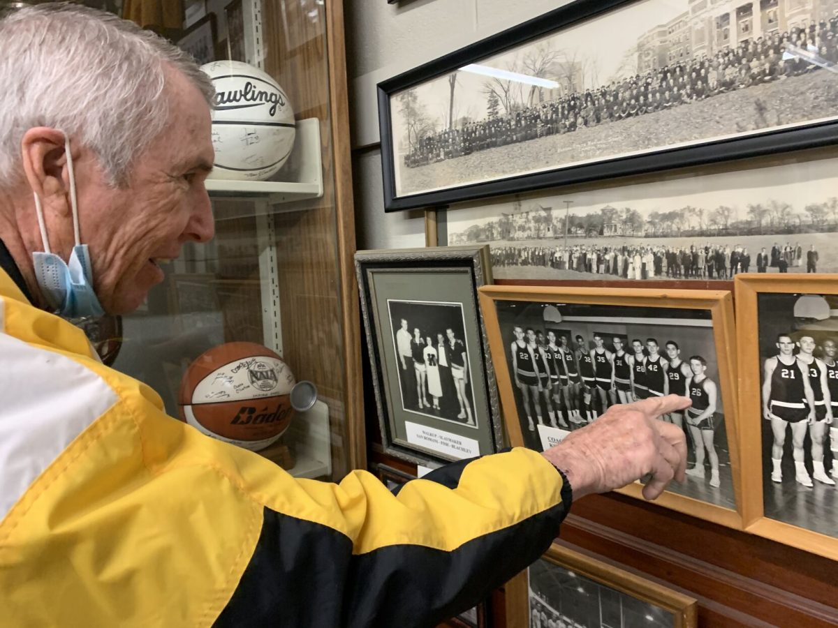 Slaymaker recalls the first team he coached. &#8220;When I think
of this team (1960) I think of that guy right there--Little bitty ol&#8217;
twerp...He tried out...and I cut him. One day I was young, and cocky,
and a little bit arrogant. I got a little bit pissed off, ranting and raving
and he always came to practice just to watch. And I saw him there
and I said &#8216;Patt! You wanna play?&#8217;... It didn&#8217;t take long to see what
he didn&#8217;t have in skills he had in leadership. Great leader. Within a
couple weeks he&#8217;s in charge. Within a week, he&#8217;s (on varsity).&#8221;