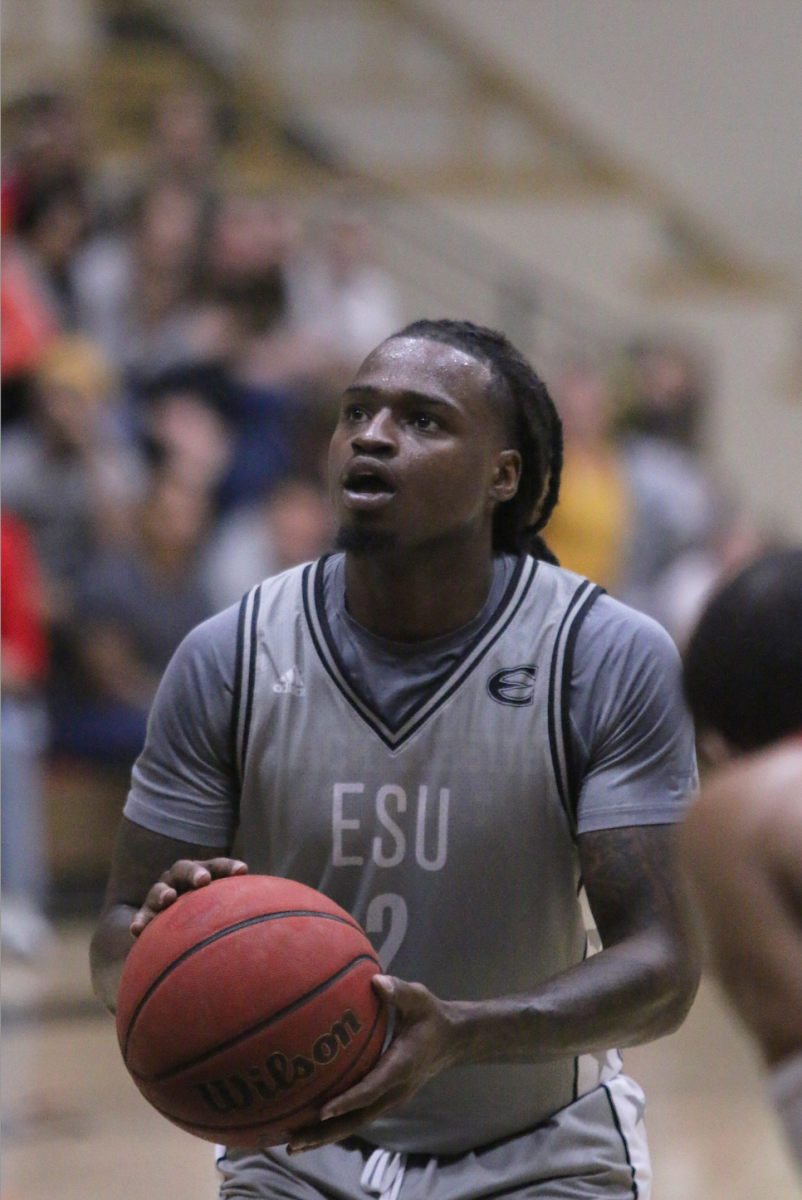 Emporia State Men's Basketball Guard, Tray Buchanan shoots a freethrow against opposing team, William Jewell. ESU finished the game with a win, with the final score being 78-71 Buchanan scored a total of 19 points against WJC. Buchanan has a total of&#160; 628 points this season.
