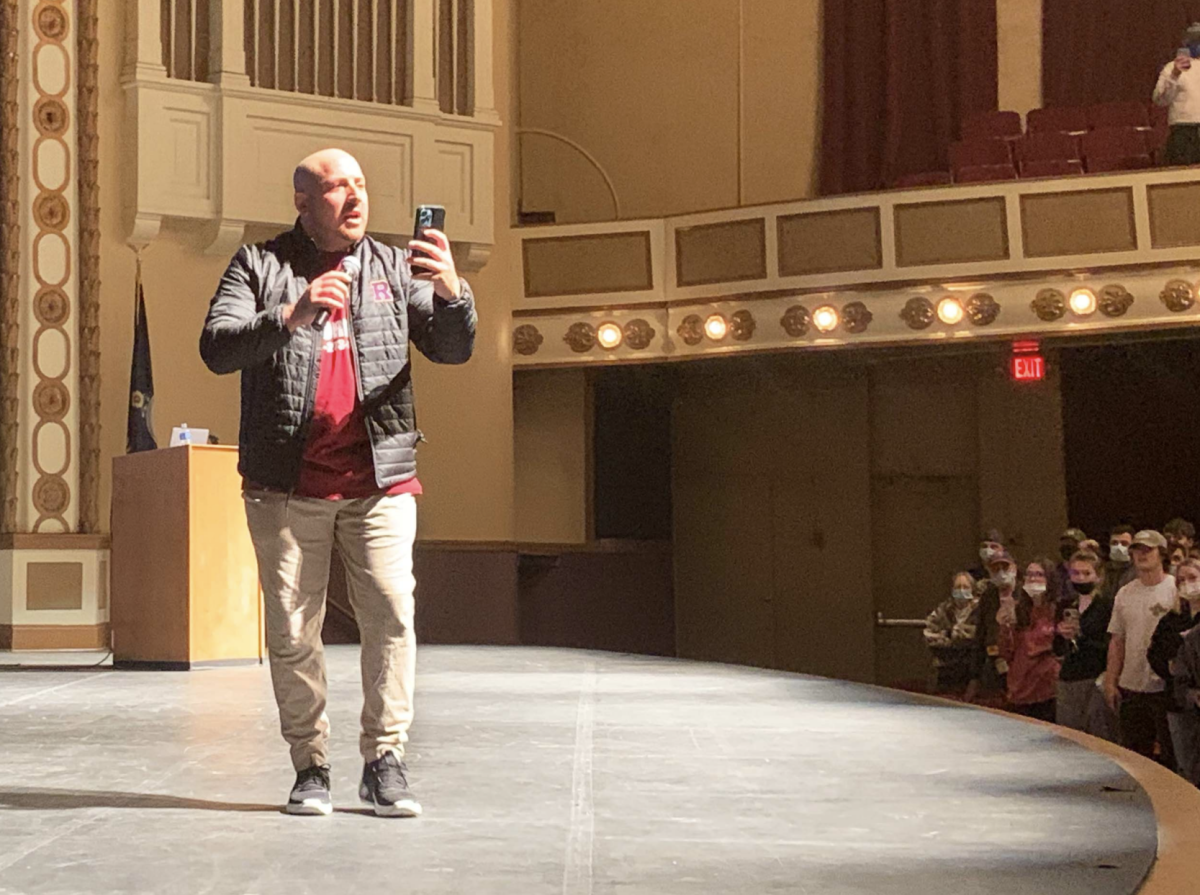 Kevin Hines discusses his struggles with mental health and suicide Wednesday night in Albert Taylor Hall. He survived a jump from the Golden Gate Bridge in 2000 and now travels the country to encourage others to reach out for help.