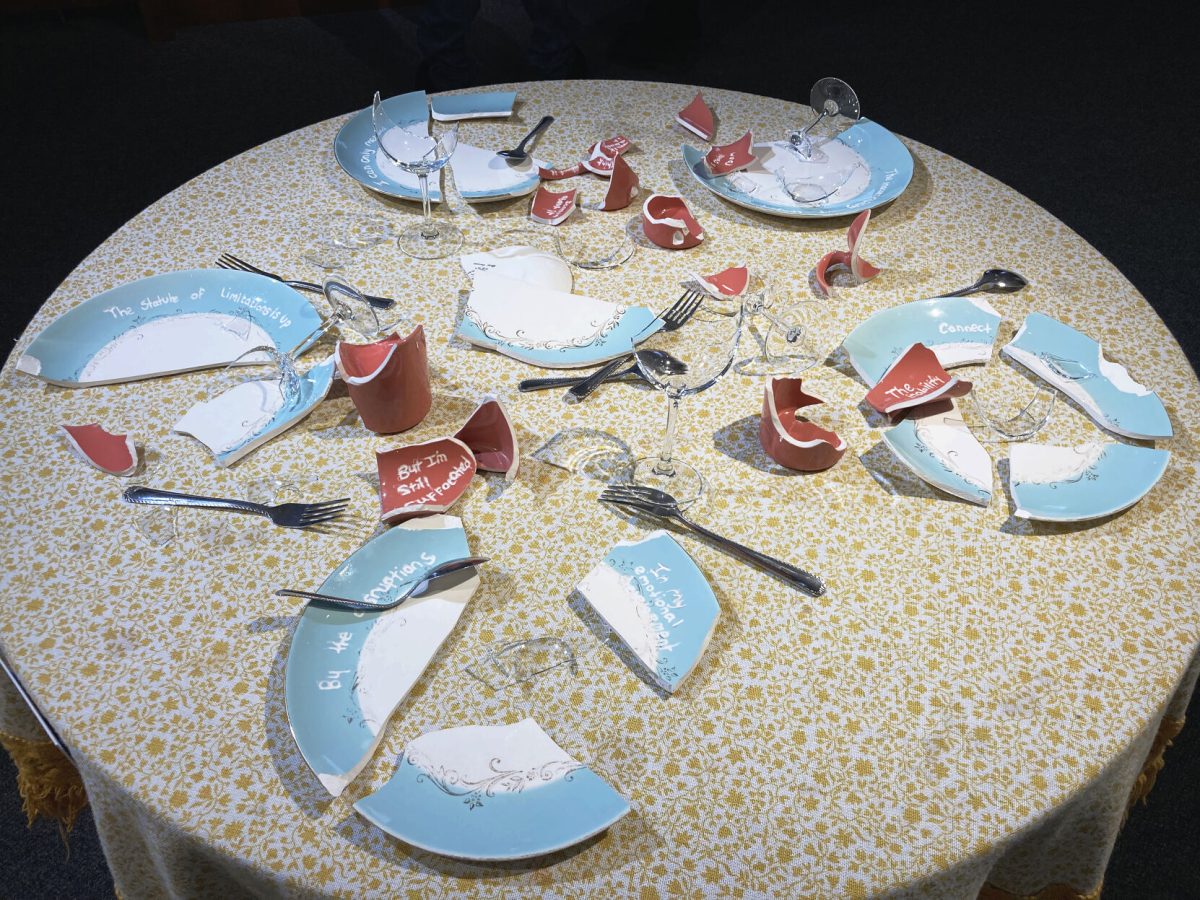 Chelsea Johnson&#8217;s senior bachelor of fine arts exibition &#8220;I&#8217;m LITERALLY fine.&#8221; features broken placesettings in &#8220;Family Dinner&#8221; in the Gilson Memorial Gallery from Feb. 21 to March 4.