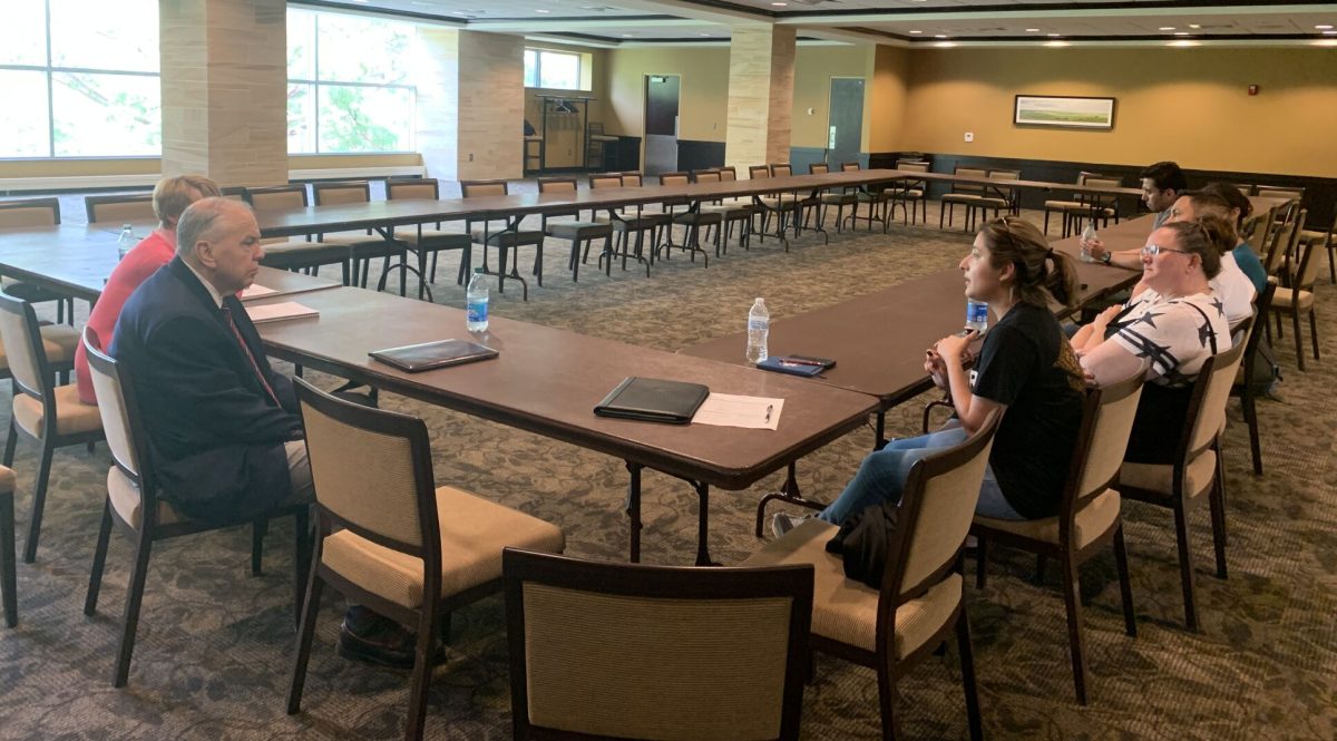 With a nearly empty room, AGB representatives Richard Wueste and Beverly Warren meet with students on what they are looking for in a new provost on Thursday in Skyline.