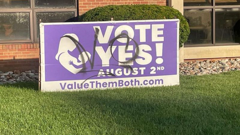 A sign promoting an anti-abortion amendment that will be on the ballot for Kansans in August was reportedly vandalized Monday night at the Didde Catholic Campus Center across from Emporia State.