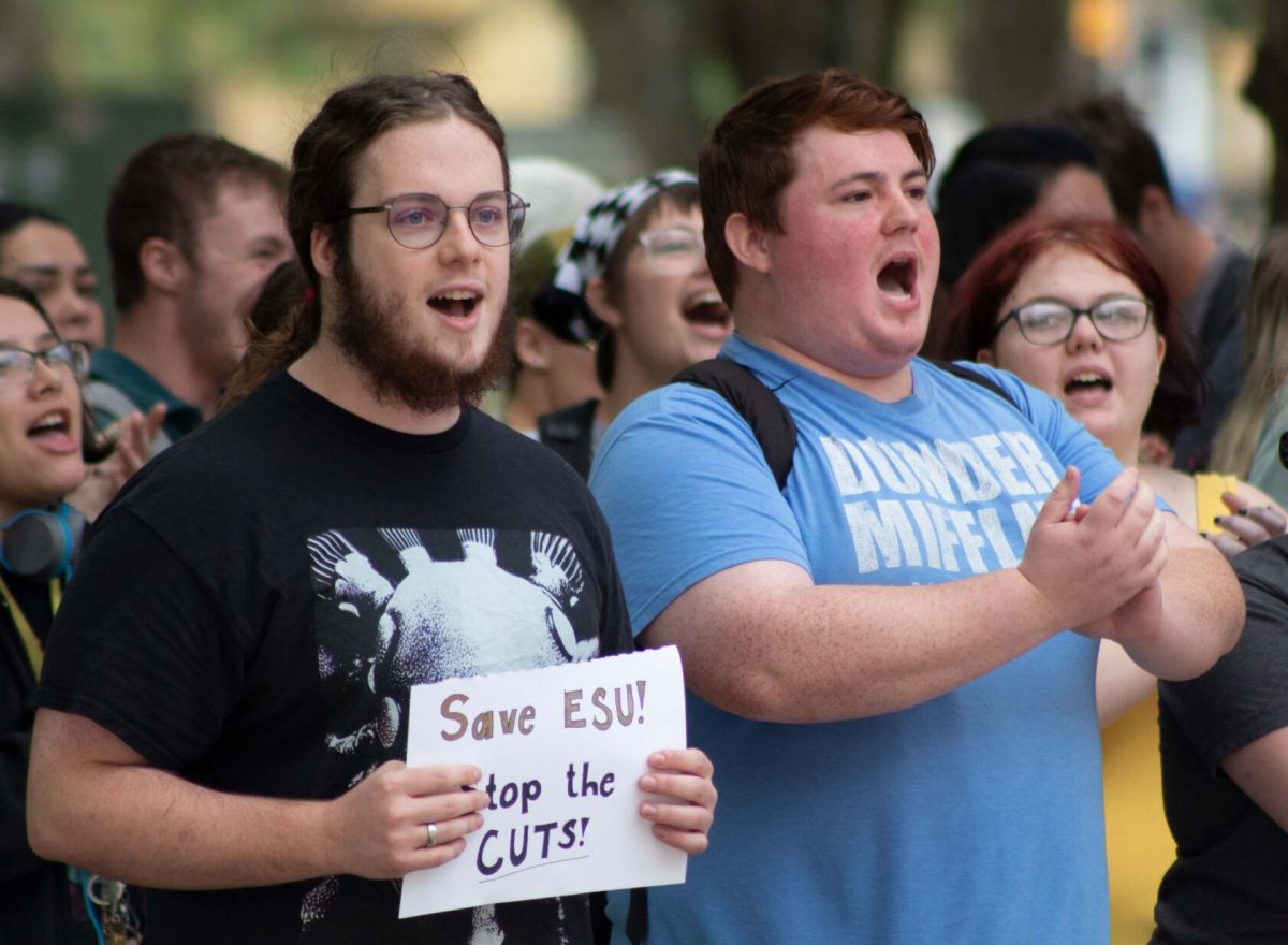 Students gathered outside of Plumb Hall this morning to protest a policy that would allow Emporia State to fire tenured faculty. (photos by Sam Bailey)