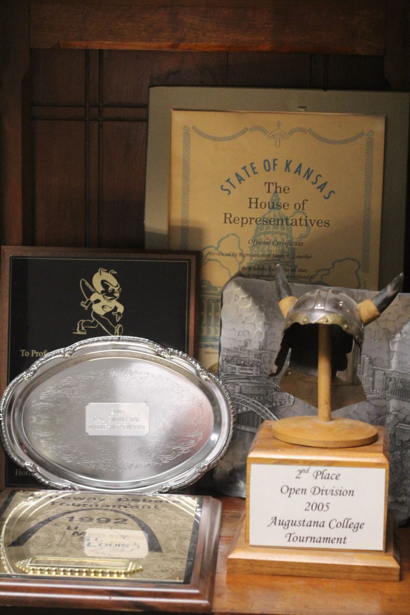 Awards sit in the debate room Sept. 26 in Roosevelt Hall, room 212. The debate team at ESU began in 1874 and has won three national championships.
