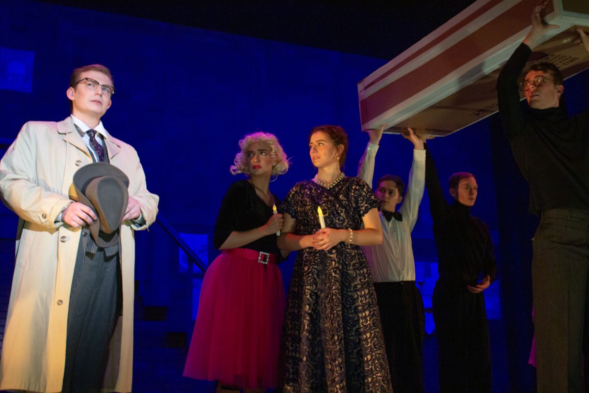 Logan Trask, Sarah McDonald and Christine Pascoe pose for a photo during a dress rehearsal one day before opening night of &#8220;Curtains.&#8221; McDonald plays the character Princess Kickapoo.