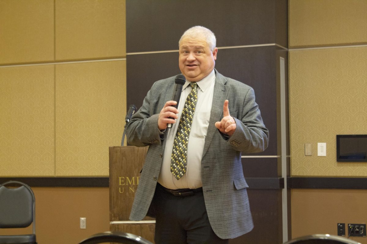 Interim provost Brent Thomas addresses campus during a forum Monday in Webb Hall. Thomas is one of four candidates for the open provost position.