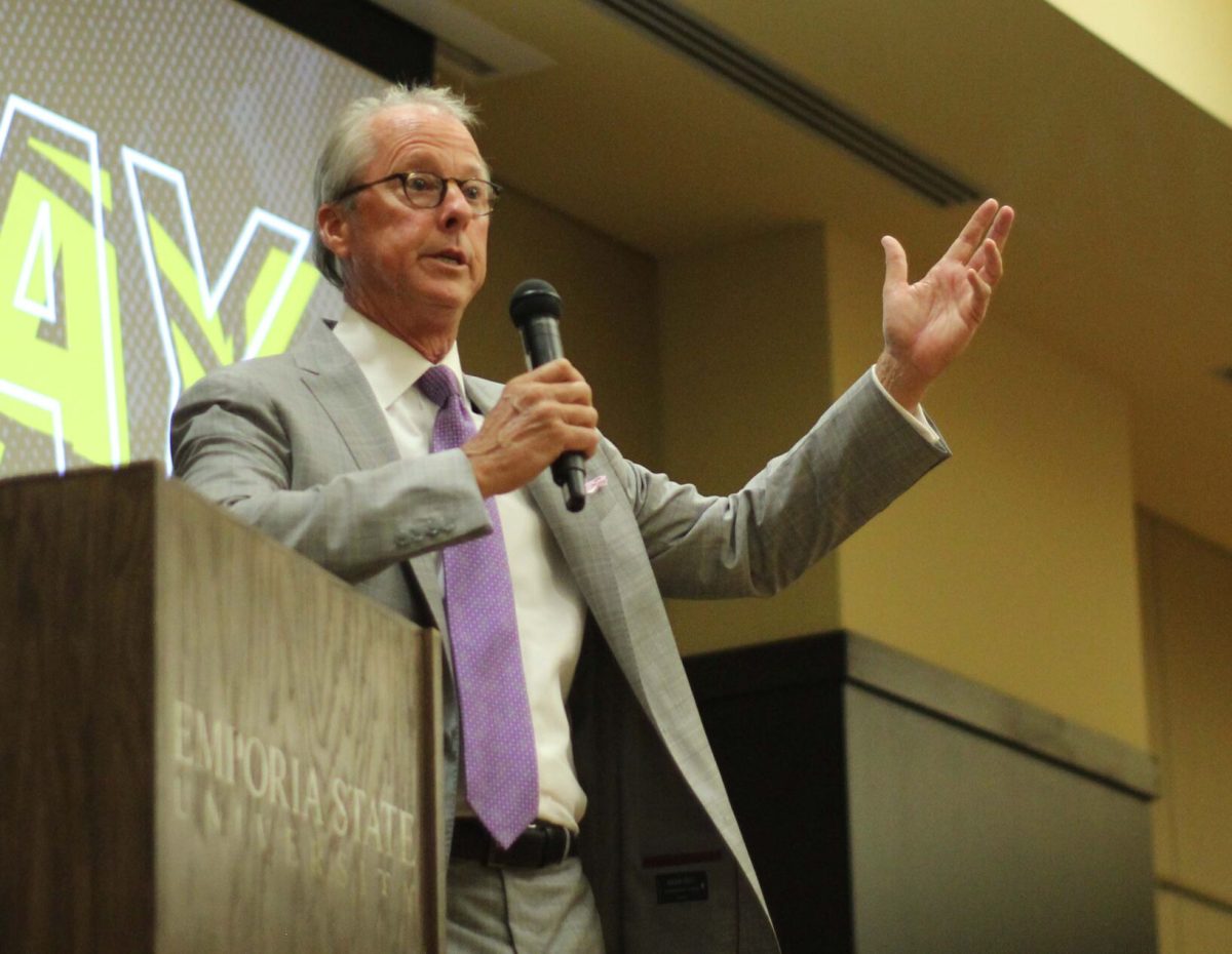 Emporia State President Ken Hush adresses faculty and staff at a "Kick Off" event for the new term on Aug. 18 in Webb Hall in the Memorial Union.