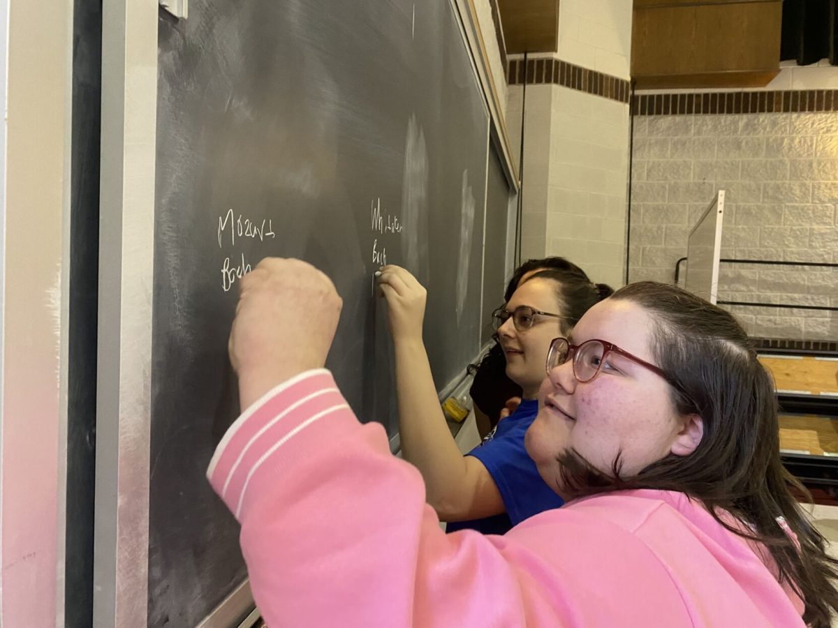 Junior communication major&#8203;,&#8203; Anna Banman&#8203;,&#8203; and junior elementary education major&#8203;,&#8203; Lavender Bacon&#8203;,&#8203; quickly write down famous composers during a game of &#8220;Scattergories&#8221; in their a capella practice.&#160;&#160;