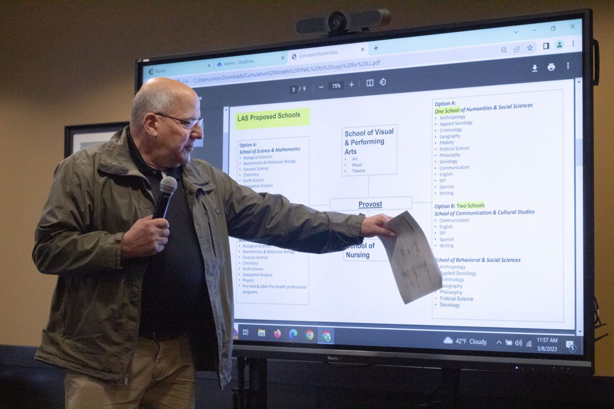 Gary Wyatt discusses the proposed reorganizational changes for the college of liberal arts and sciences. If approved, the reorganizational model would be put into action next fall.&#160;