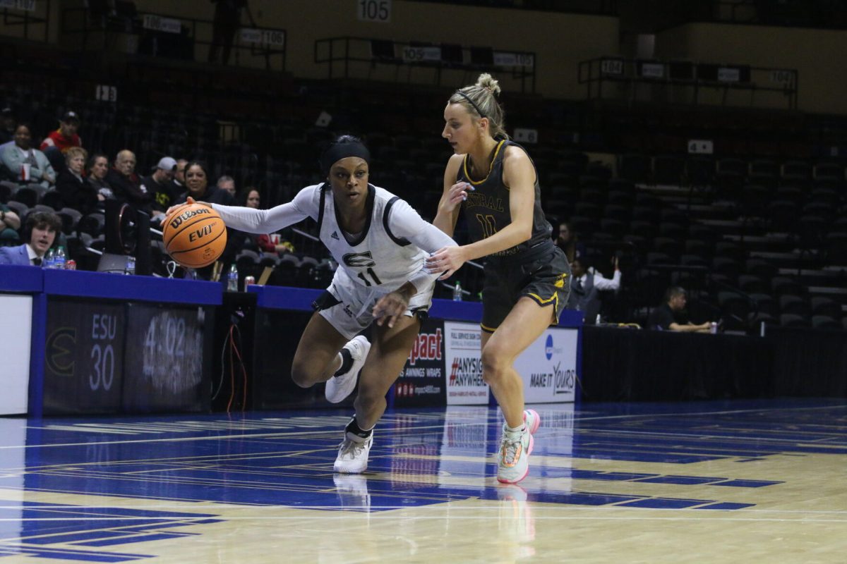 Victoria Price, senior guard, dribbles the ball up court during the Lady Hornet's game on Wednesday against the Central Oklahoma broncos. With a final score of 57-71, the Lady Hornet's ended their season during their first round of the MIAA tournament.