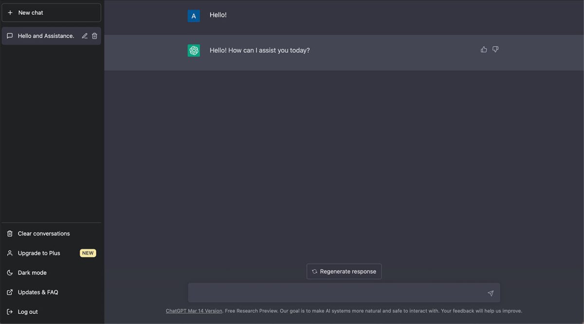 ChatGPT greets a new user and offers its assistance. The AI technology has a knowledge cutoff date of September, 2021 which prevents it from giving users the most updated information.