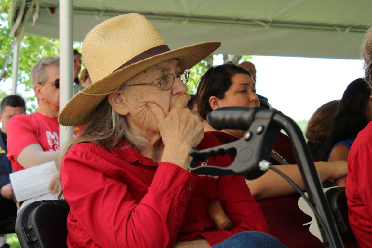 Joyce Thierer, Emporia State professor emeritus and pioneer in historical interpretation, died Monday night at the age of 73 after a long illness. Here, Thierer listens to speakers honor educators lost in the field during the rededication ceremony on campus for the National Memorial to Fallen Educators in June, 2022.
