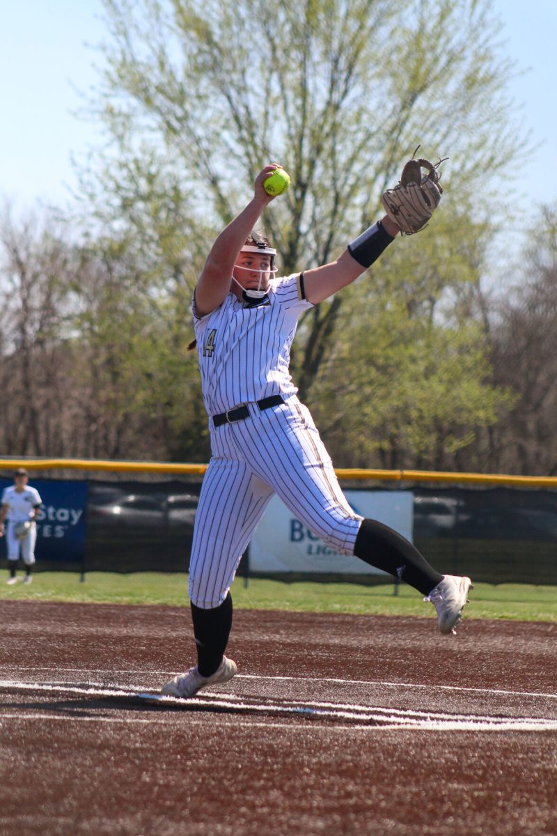 Sophomore, nursing major, Gracie Rabe pitches during a conference game against&#160;Nebraska&#160;Kearney on April 7. Rabe pitched a total of five innings of the game and tallied four strikeouts. The Hornets finished the game with a 7-2 win over the Lopers.
