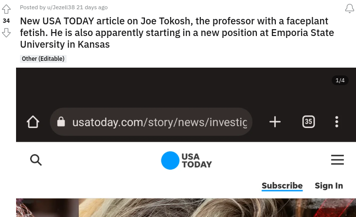 In a Reddit post, u/Jezell38 claims Tokosh may be employed at Emporia State. This comes after USA Today released an article about his alleged sexual harassment of female students.&#160;