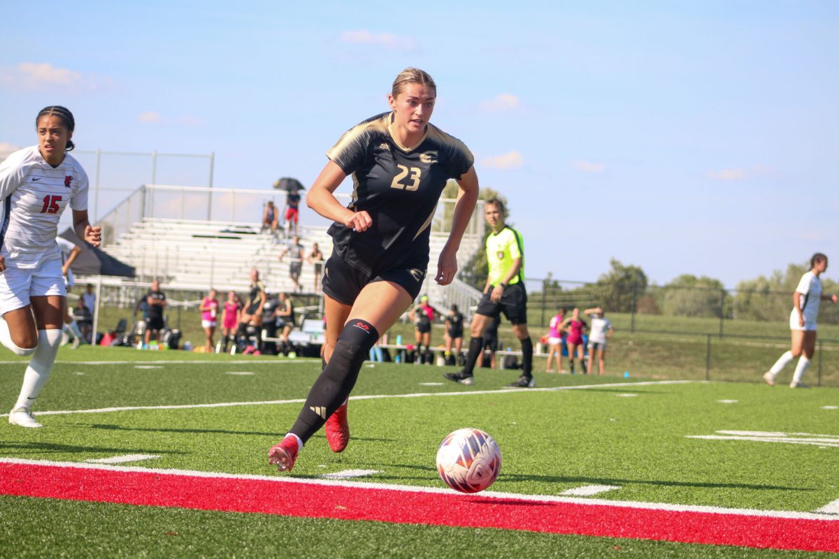 Freshman midfielder Paige Putter advances the ball down field in attempt to score a goal for the Hornets. Putter has appeared in nine of ten games for the Hornets and has one assist on the season so far.&#160;