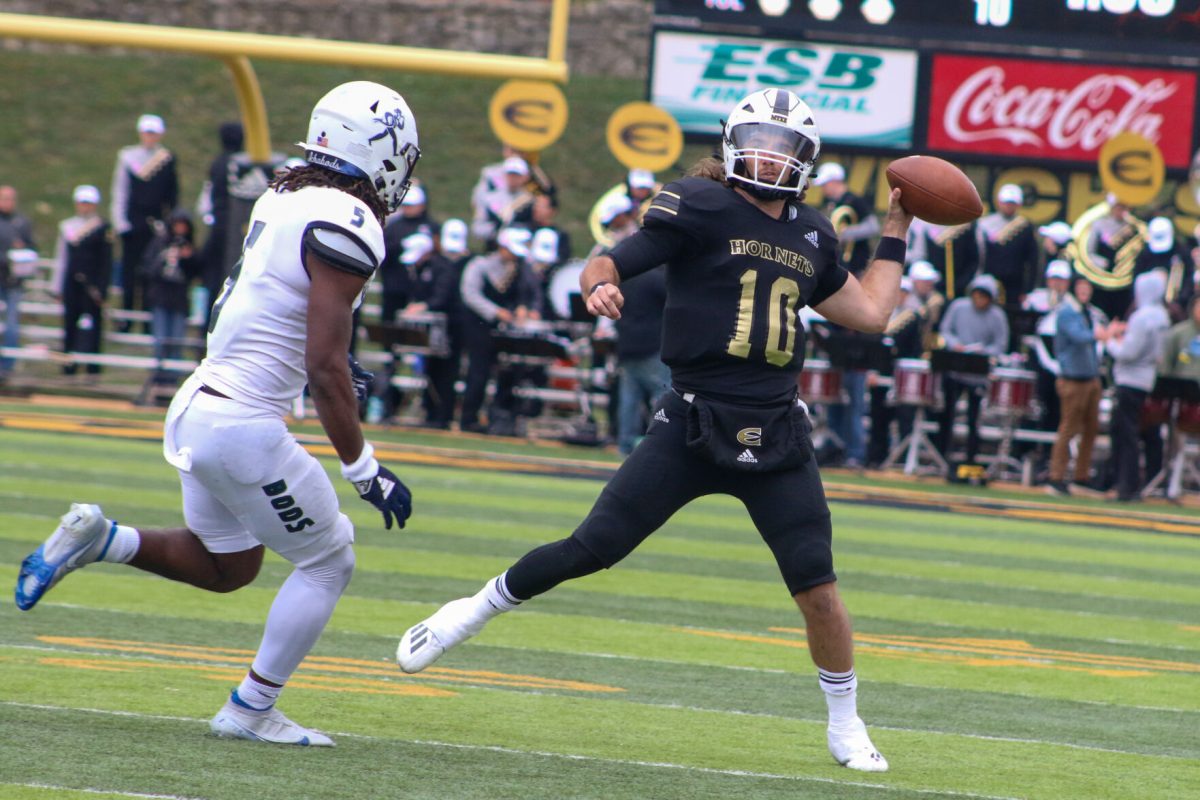 The Emporia State University Hornet football team defends their home territory against the Washburn Ichabods on October 14th at Welch Stadium, with a final score of 38-23.