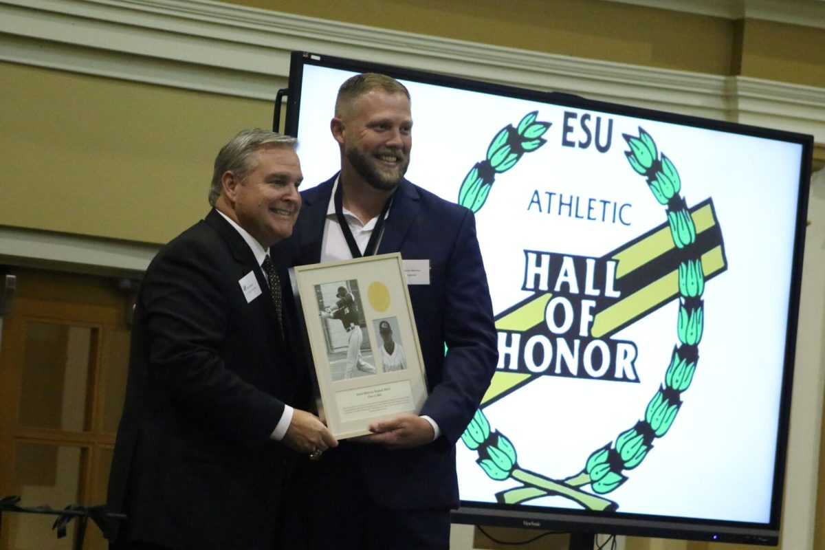 2023 inductee David Allbritton receives his award for his time&#160;on the Emporia State baseball team from 2010-11.&#160;
