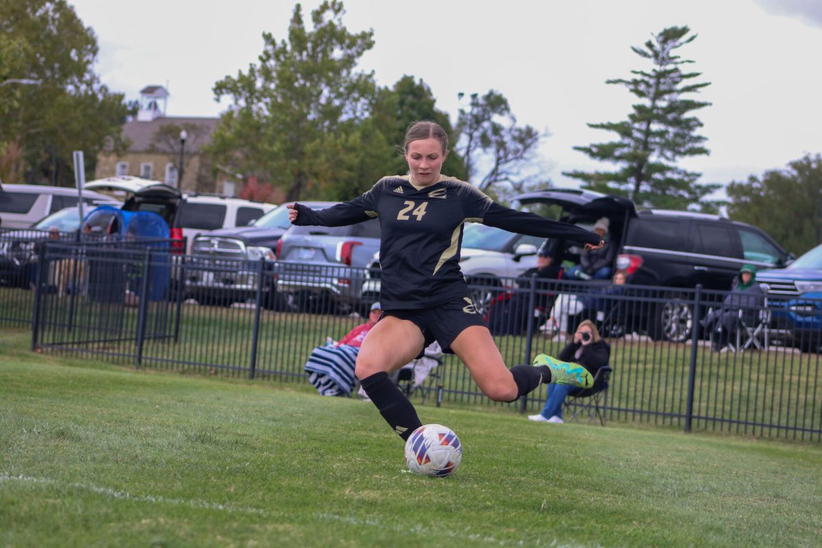 Graduate Student Forward Alexis Cole kicks the ball towards the goal in a game against Missouri Southern State University on Oct. 15. The Hornets came
out victorious with a 2-1 win over the Lions.