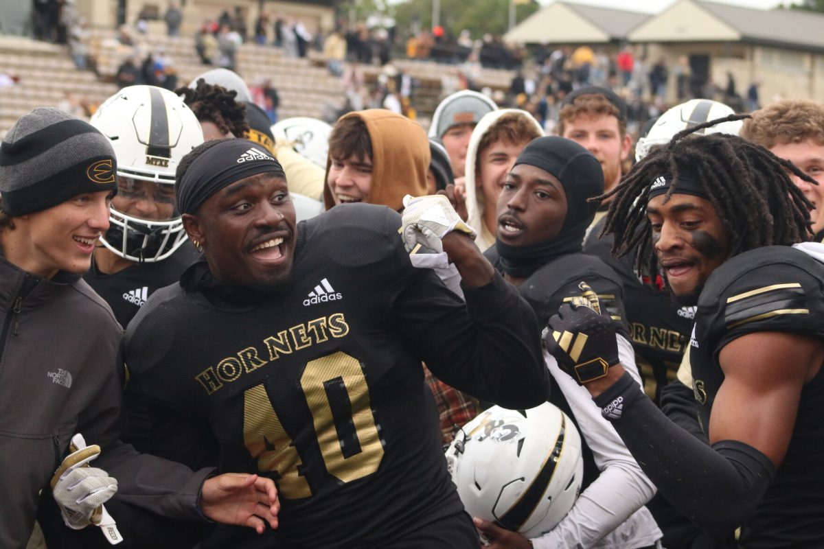 Emporia State football team celebrates in the endzone after beating MIAA rivial Washburn on&#160; Oct. 14