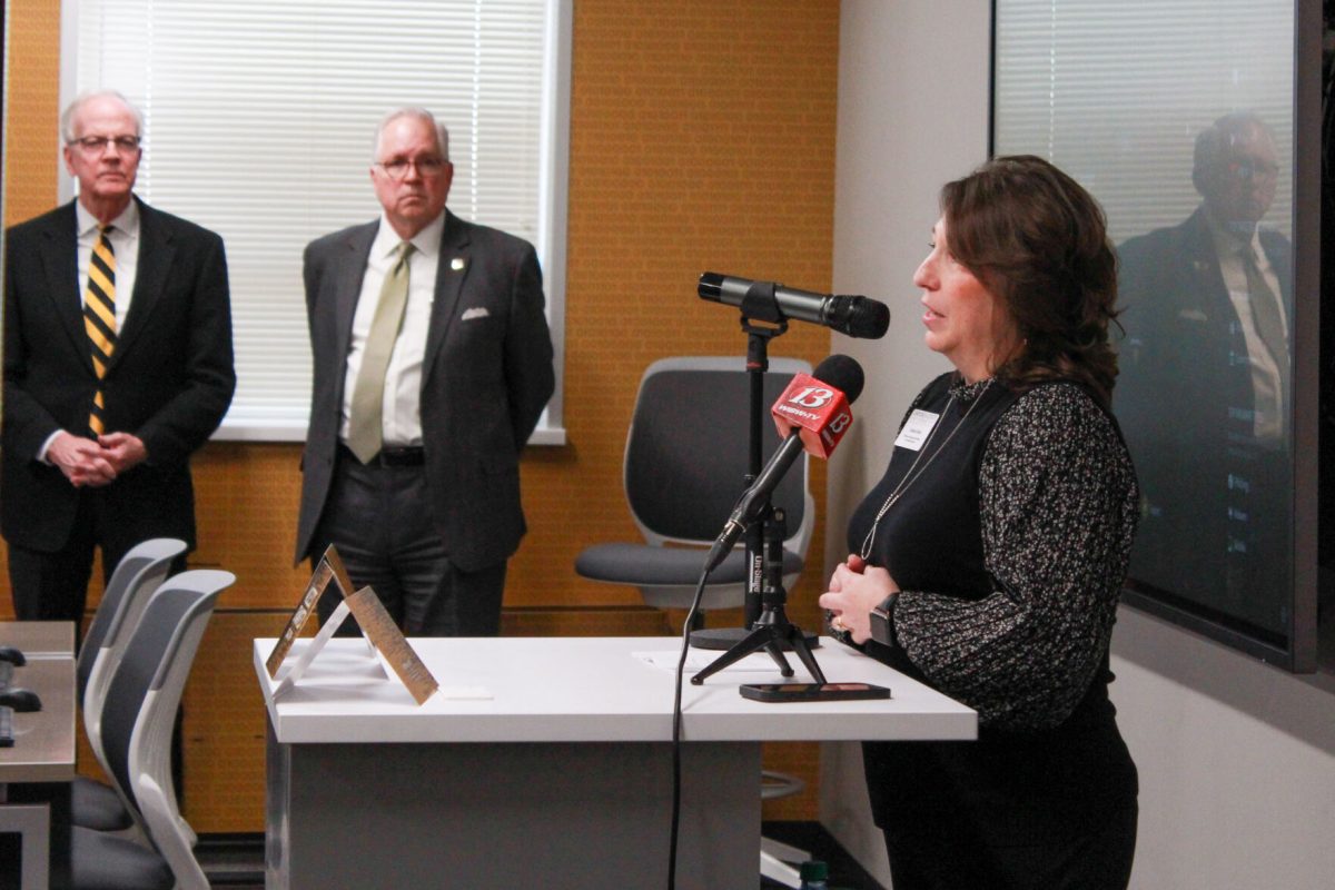 Director of Cybersecurity Center, Leticia Rust speaks out during the grand opening of Emporia State University's new Cybersecurity Research and Outreach Center in Cremer Hall on Jan 19.