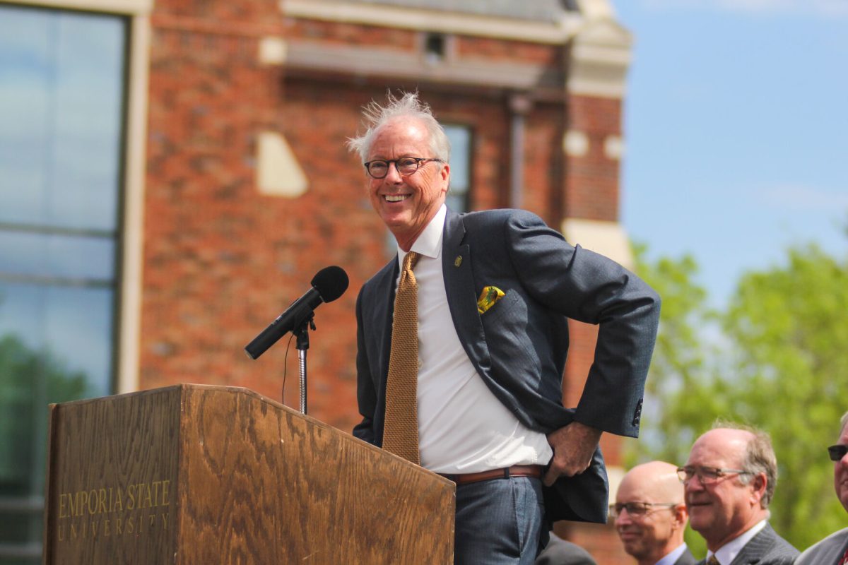 Emporia State President Ken Hush speaks at the ground breaking ceremony for the future Nursing + Student Wellness Center building on April 24.&#160;