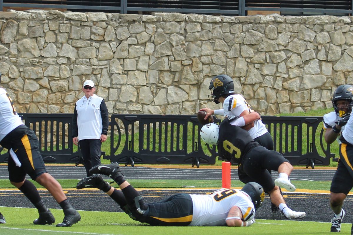 Sophomore linebacker Cade Stephenson goes in for a tackle against Missouri Western on Sept. 21.&#160;