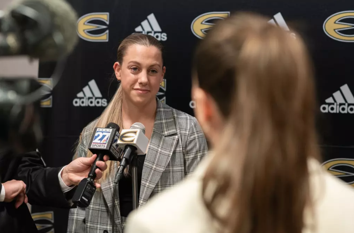Jane Grimley-Gunn, head coach of Emporia State soccer, at her introductory press conference on March 18, 2024.&#160;