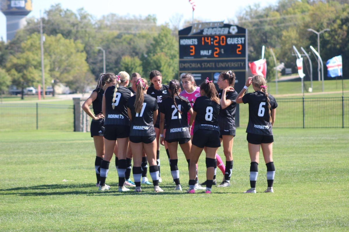 Hornet soccer players join in a huddle during the second half of the match against Fort Hays State on Oct. 5