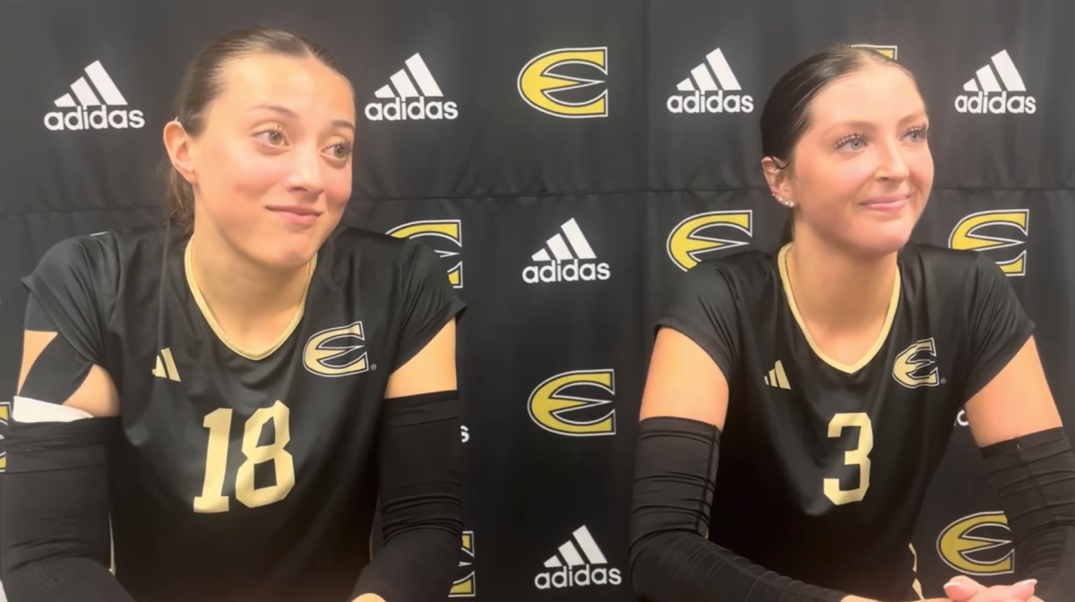 Senior right-side hitter Camilla Ossola (left) and Junior setter Brailee Bogle (right) speak with ESU Athletics in a post-game interview after the win against Nebraska Kearney on Oct. 10.  Courtesy ESU Athletics 