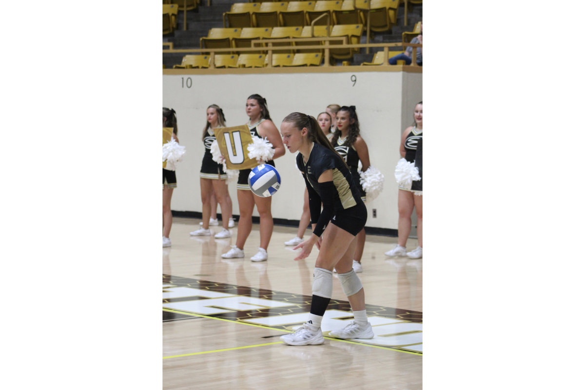 Senior defensive specialist and libero Sydney Fiatte prepares a serve at a match against Central Missouri on Friday, Oct. 17. 