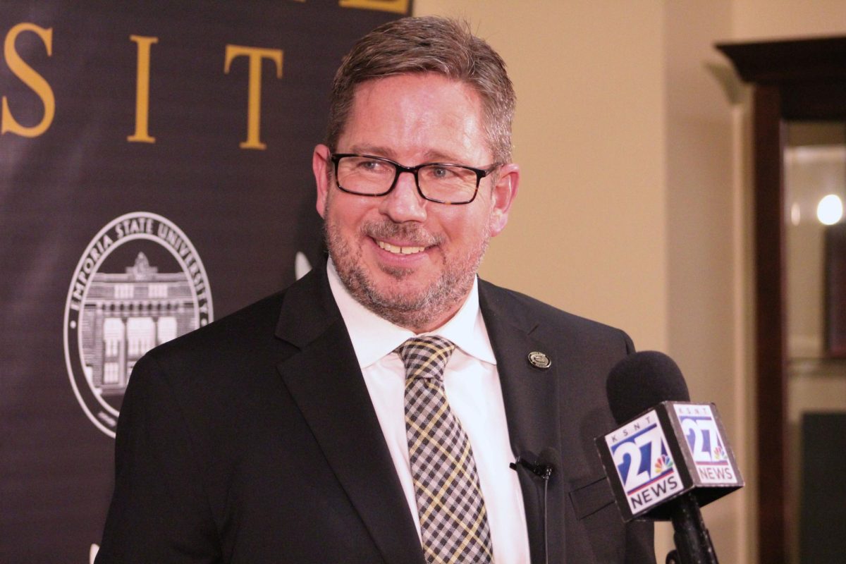 Matthew Baker, the 19th president of Emporia State, at a press conference following a special meeting held by the Kansas Board of Regents in ESU's Webb Hall. Baker hails from Northwest Missouri State University where he serves as the vice president of student affairs. 