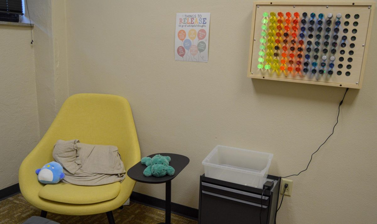The first floor study room at William Allen White Library includes flexible seating, adjustable lighting, fidget toys and other tools to meet sensory needs. The room must be reserved at least 24 hours in advance. 