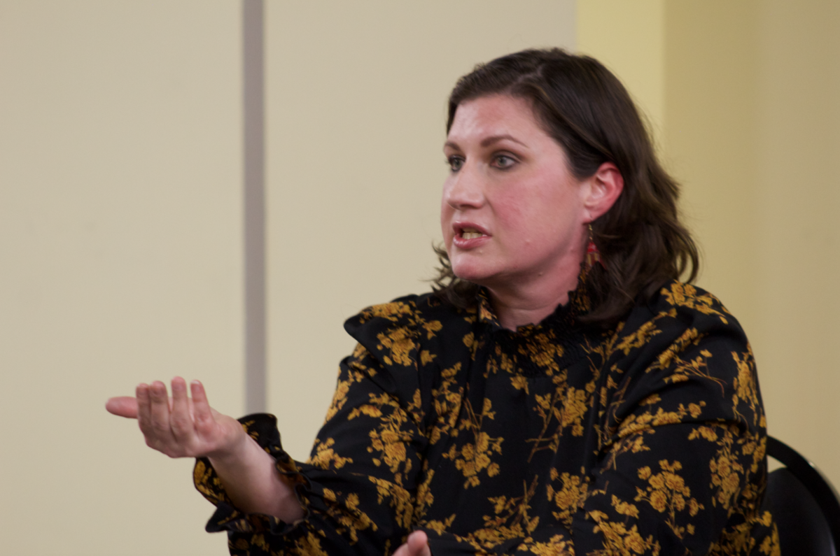 Rachel Spaulding, associate professor of English and modern languages, gives her perspective on calls to discontinue the Spanish Education program at a hearing on Feb. 19. Spaulding, alongside  other Spanish and English faculty, wrote a letter to Provost Brent Thomas opposing the measure. 