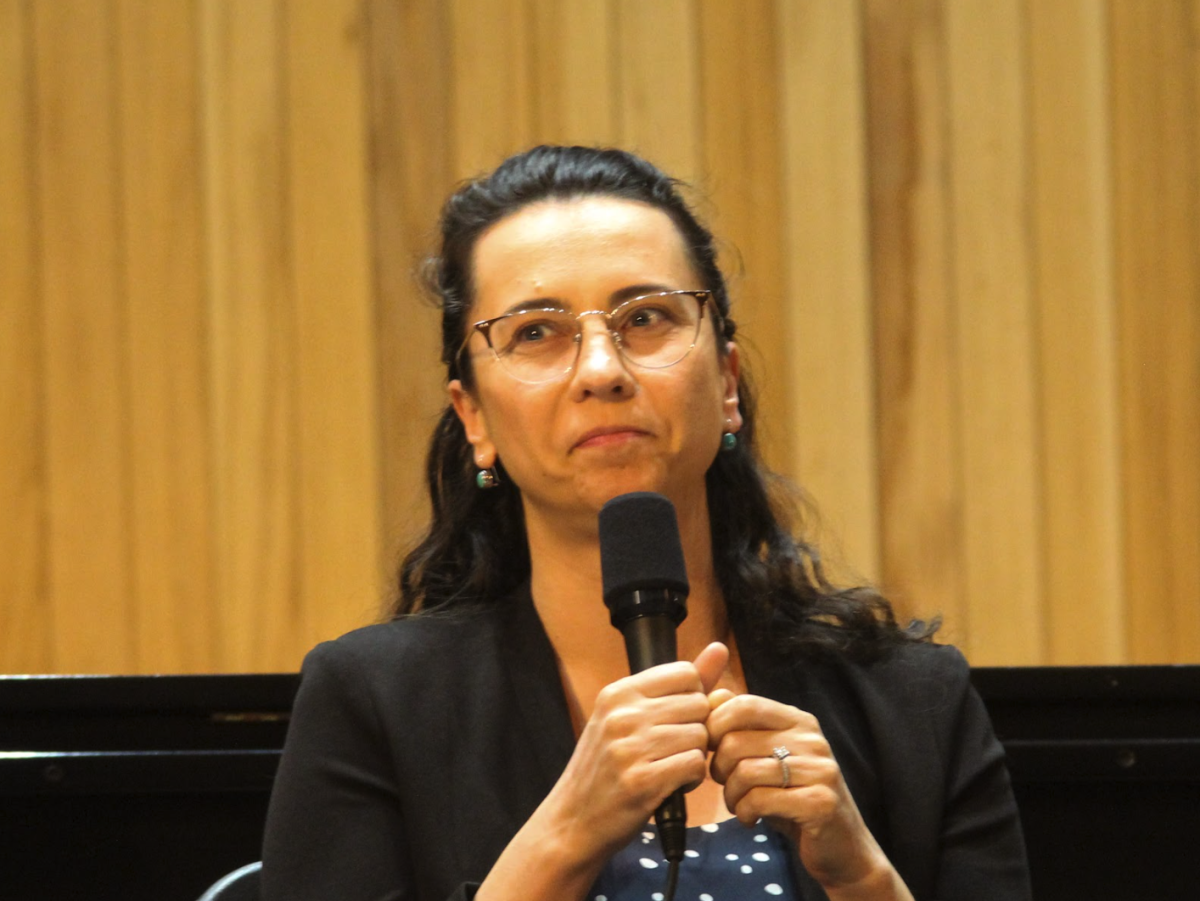Guest artist Anna Petrova, an associate professor of piano at the University of Louisville, speaks at the SheSings guest artist Q&A session on Saturday, May 2. Petrova was one of six artists in attendance. 